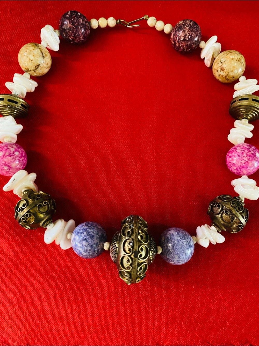 Vintage 80’s Brass, Granite and Polished 18 Inch Stone Necklace